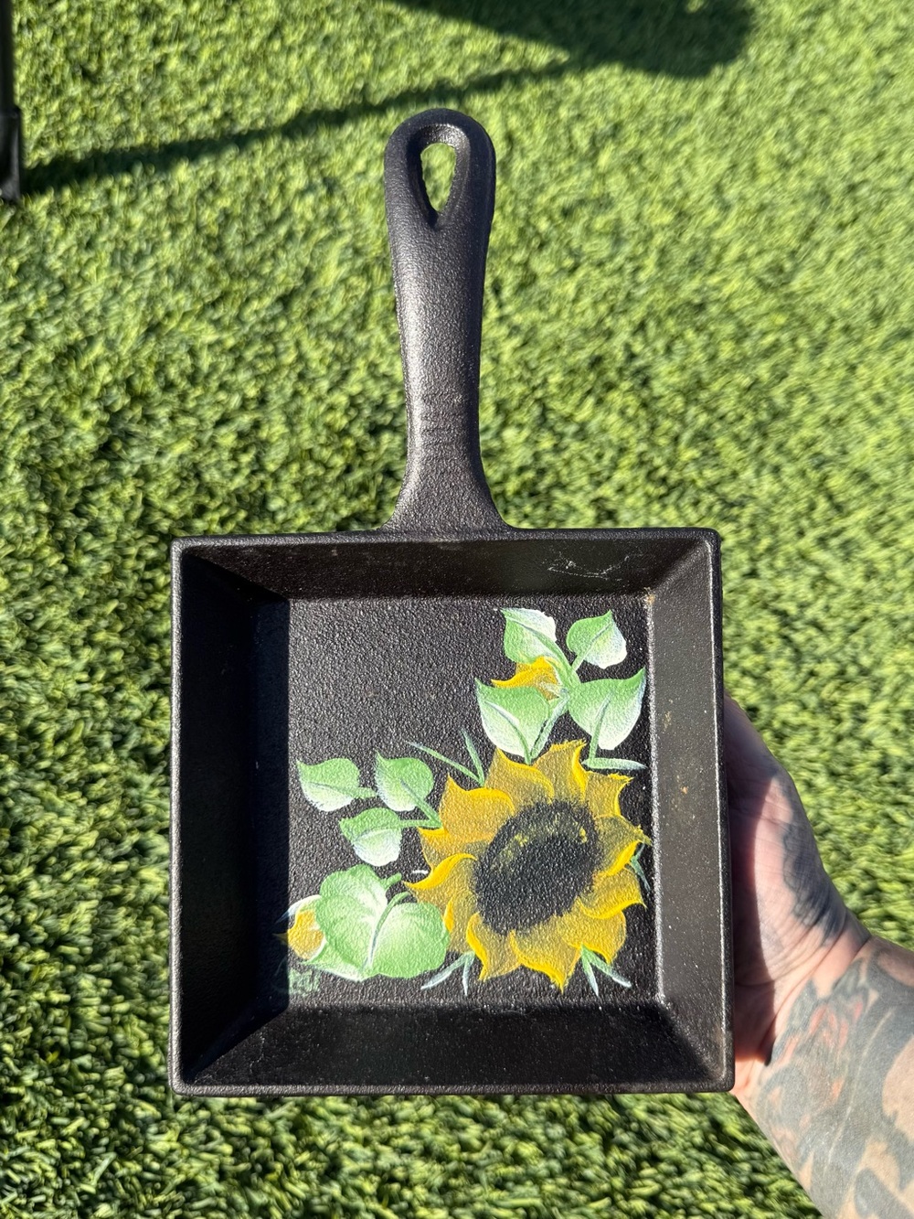 Hand-Painted Black Cast Iron Sunflower Skillet Wall Art